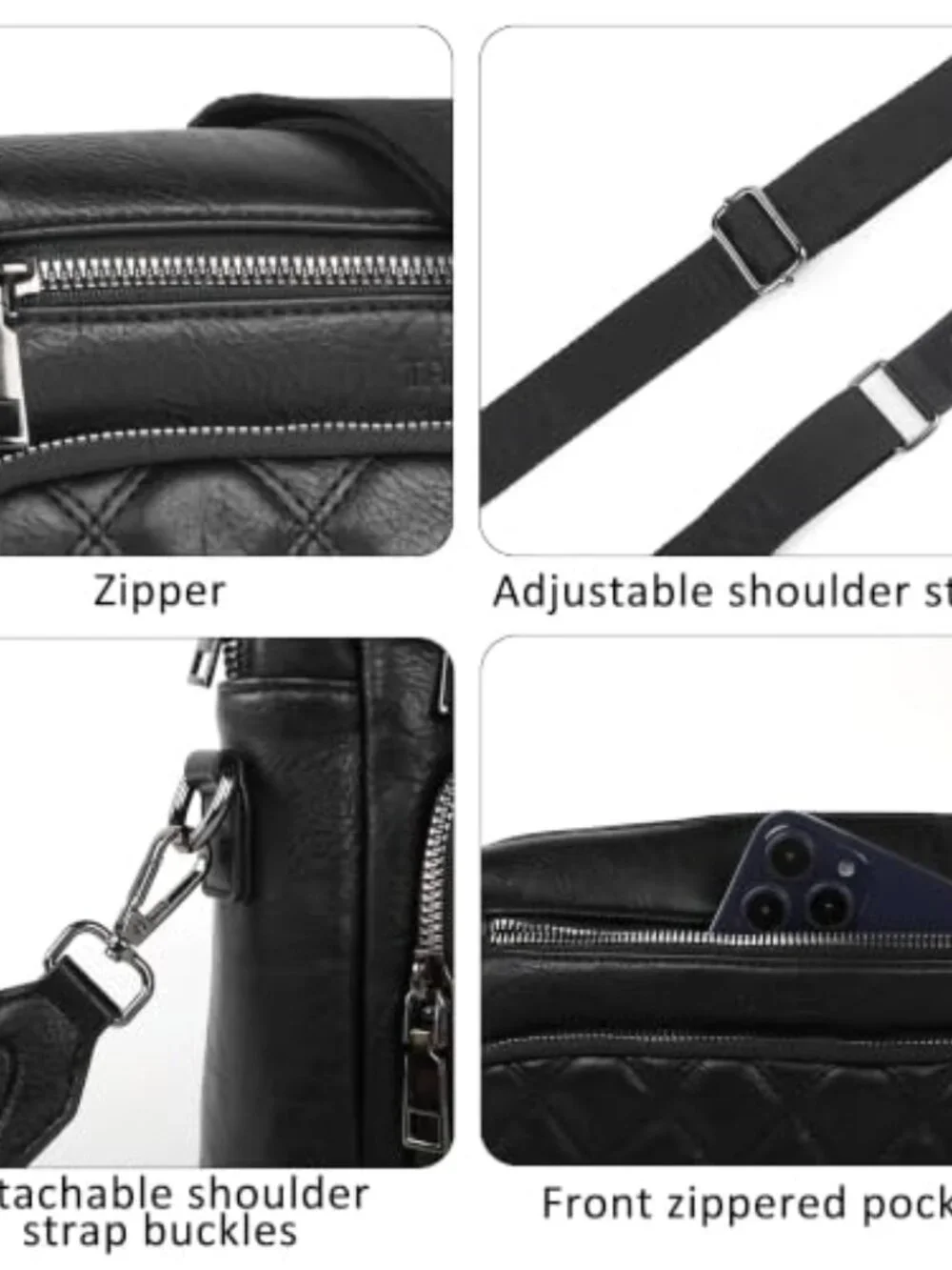 Triple Zip Crossbody Bag with Wide Strap, Faux Leather Shoulder Handbag for